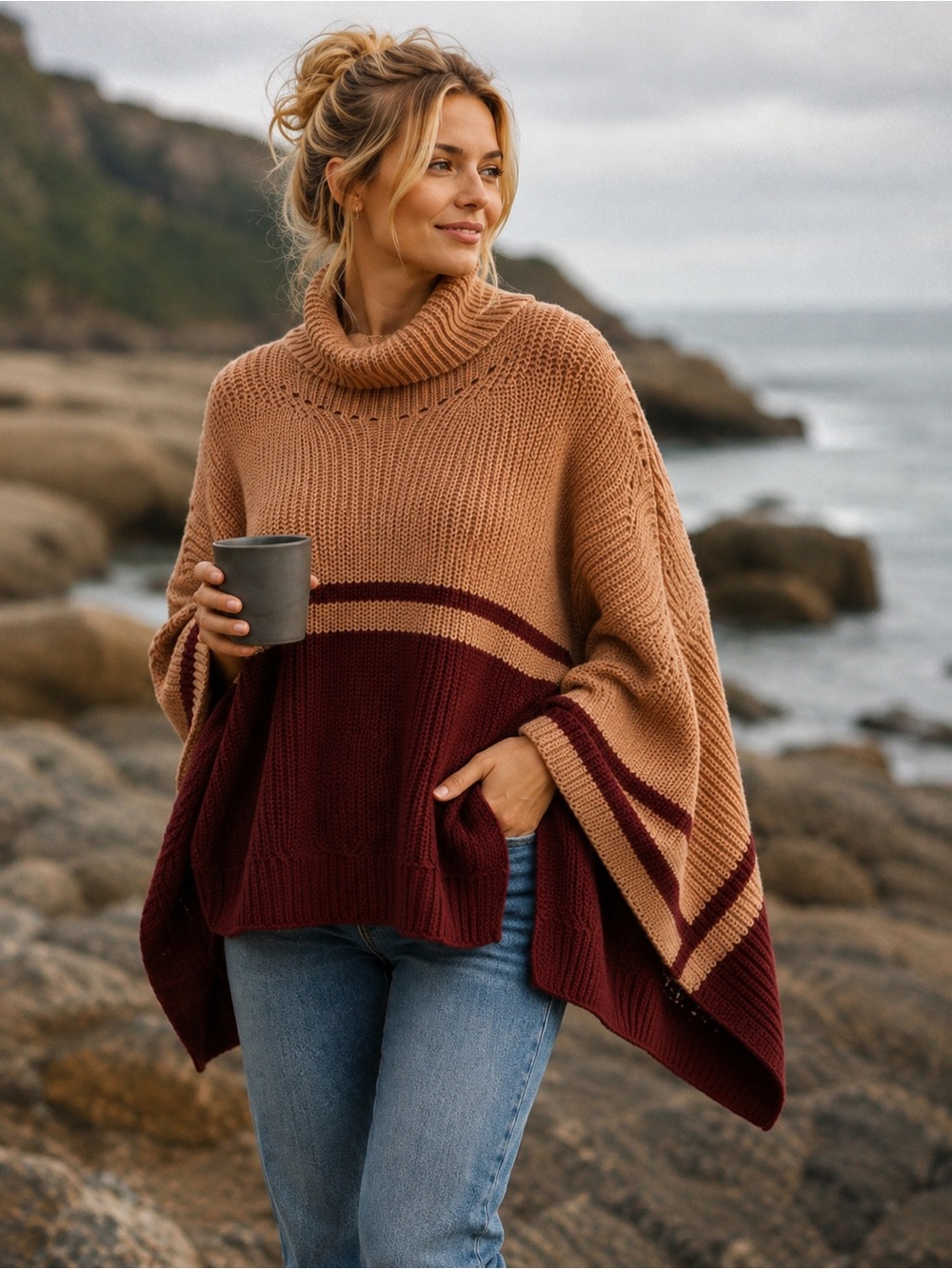 Roffe Save The Ocean Colorblock Poncho Turtleneck Sweater NWT One Size